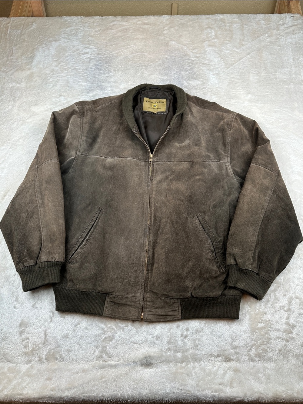 Boston Harbour Leather Bomber Jacket Mens XL Brown Distressed Vintage Full Zip